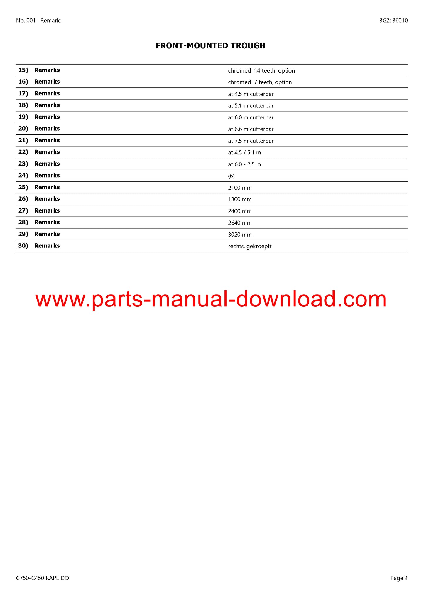 claas c750 - c450 cutterbar dominator rape parts catalog manual instant download