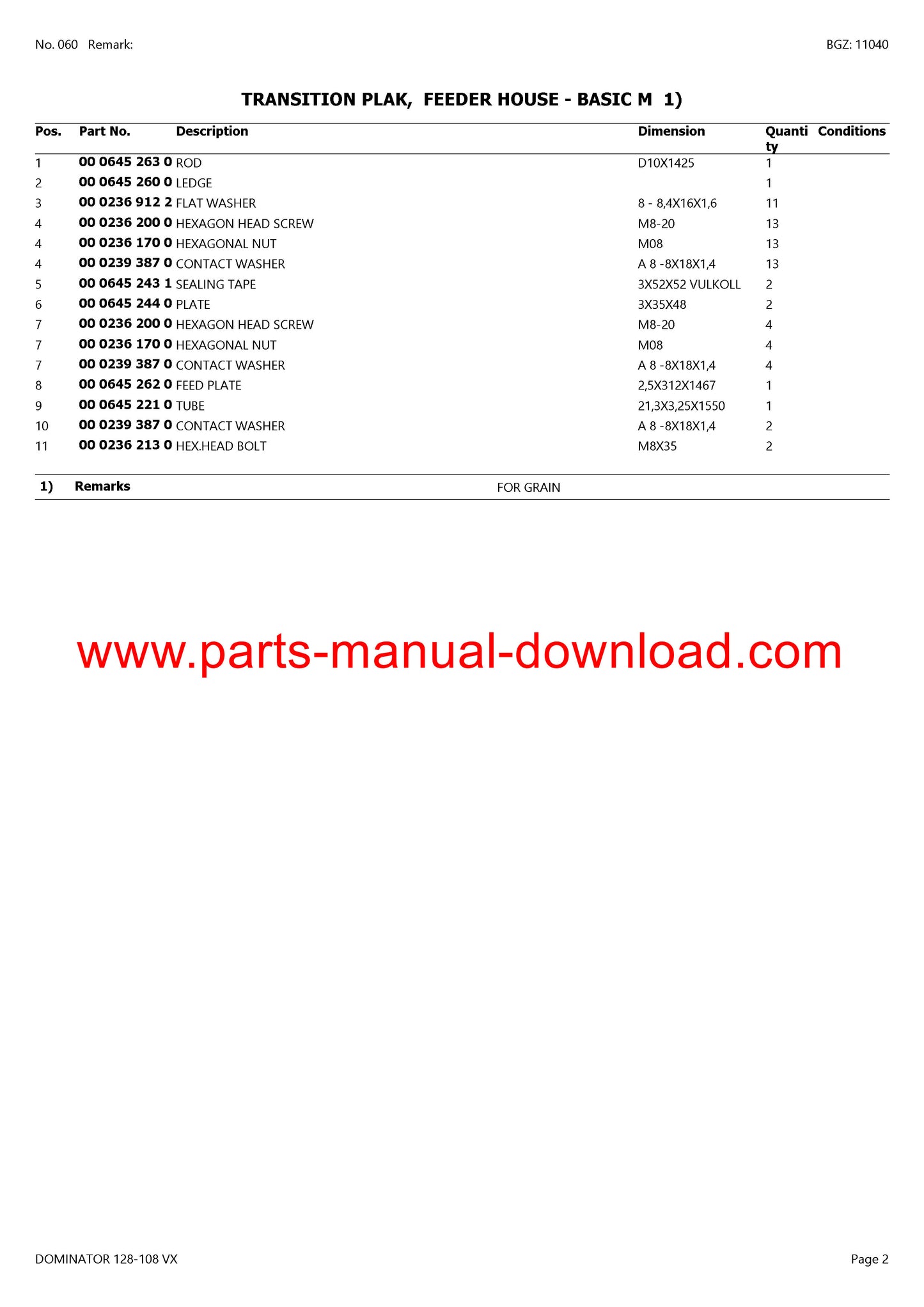 Claas 128 - 108 VX Combine Dominator Parts Catalog Manual Instant Download