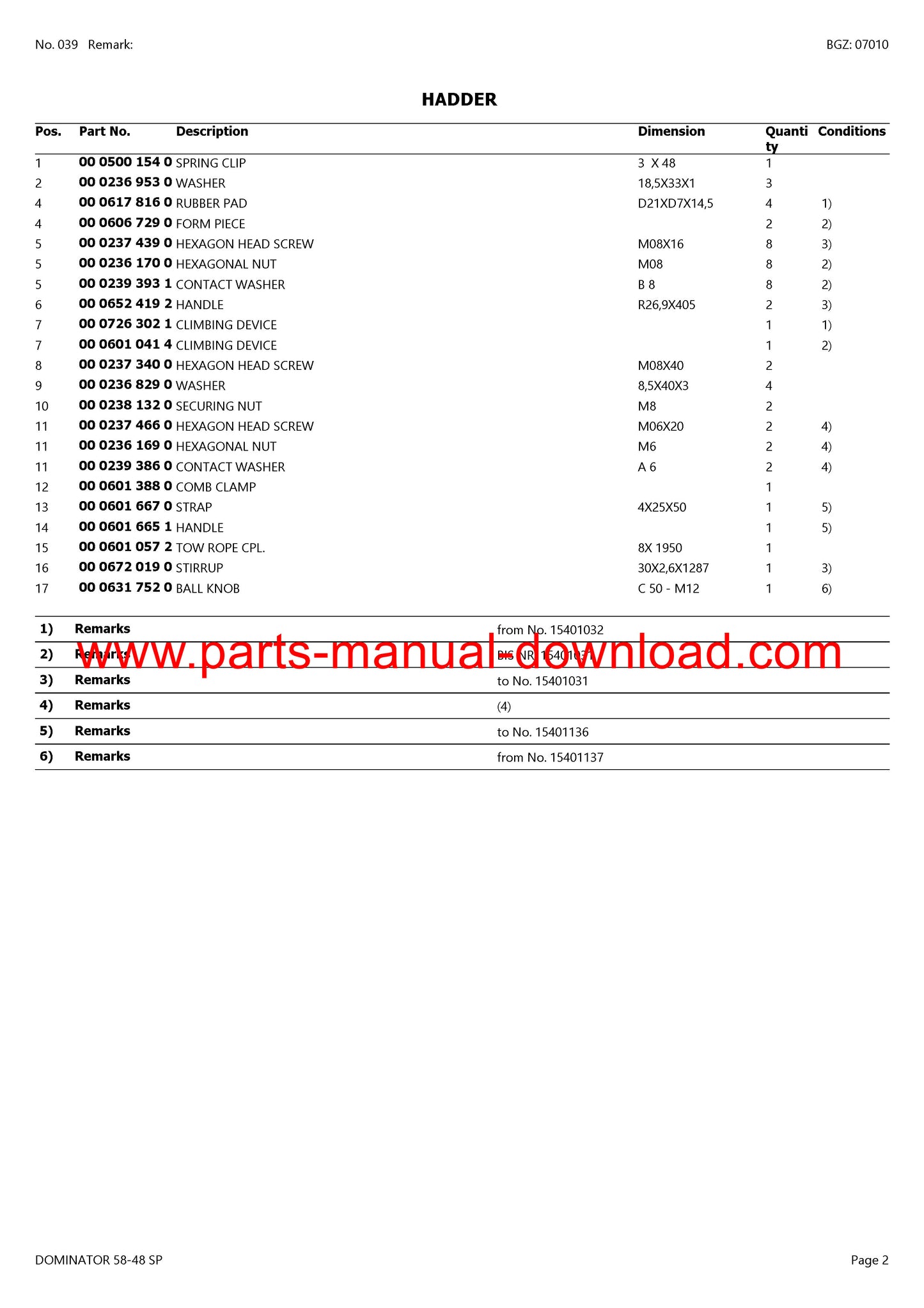 Claas 58 - 48 Sp Combine Dominator Parts Catalog Manual Instant Download