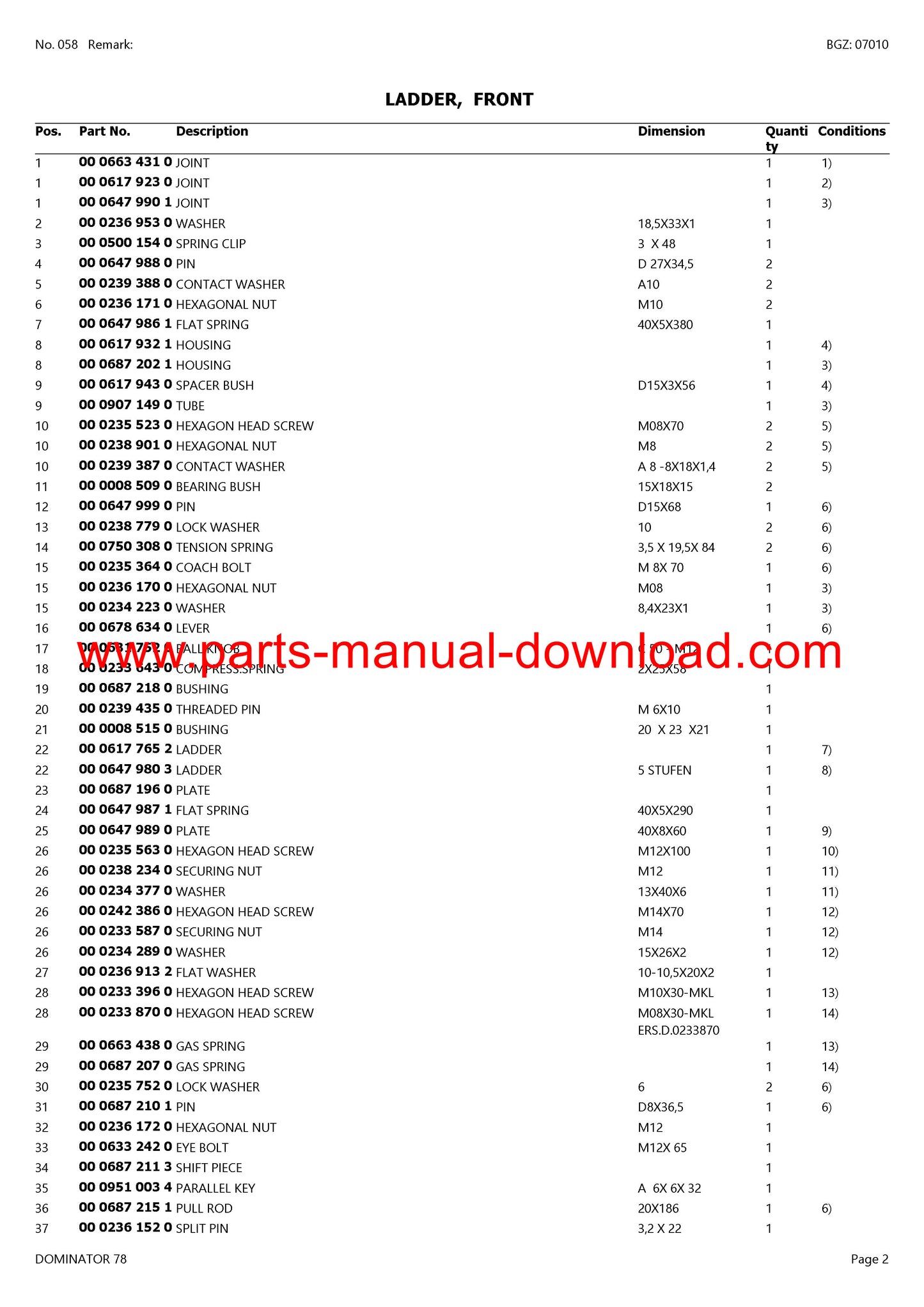 Claas 78 Combine Dominator Parts Catalog Manual Instant Download