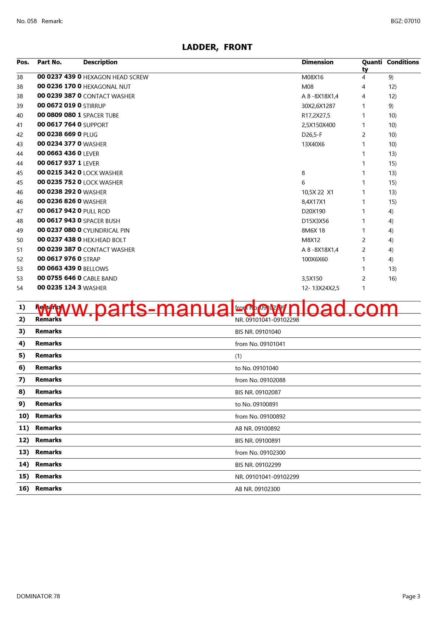 Claas 78 Combine Dominator Parts Catalog Manual Instant Download