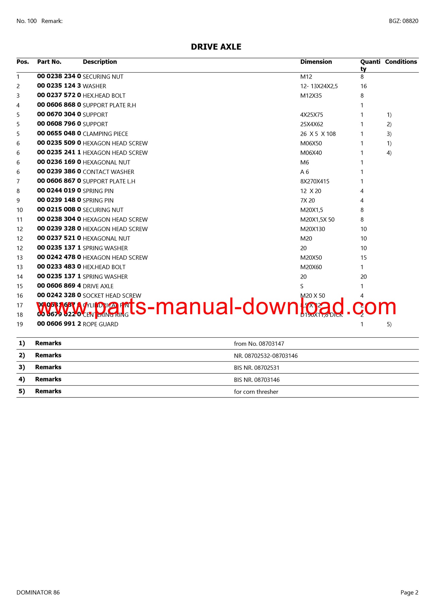 Claas 86 Combine Dominator Parts Catalog Manual Instant Download