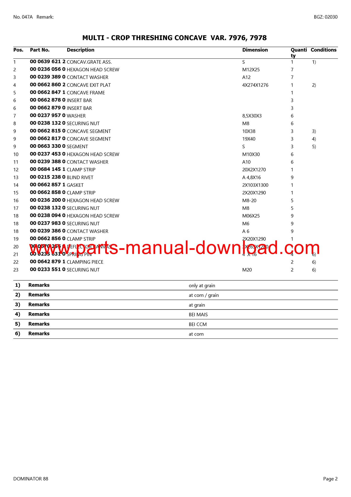 Claas 88 Combine Dominator Parts Catalog Manual Instant Download