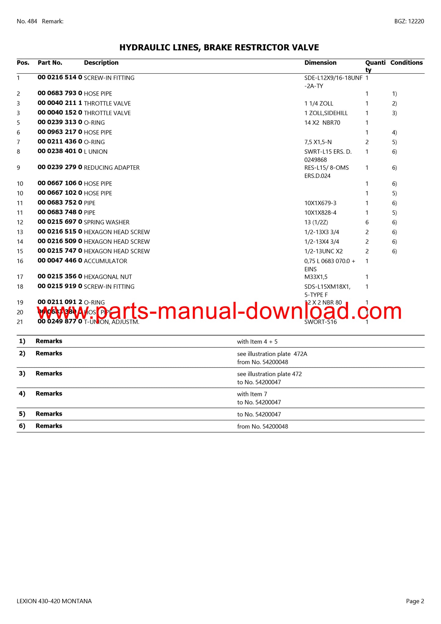Claas 430 - 420 Lexion Combine Montana Parts Catalog Manual Instant Download