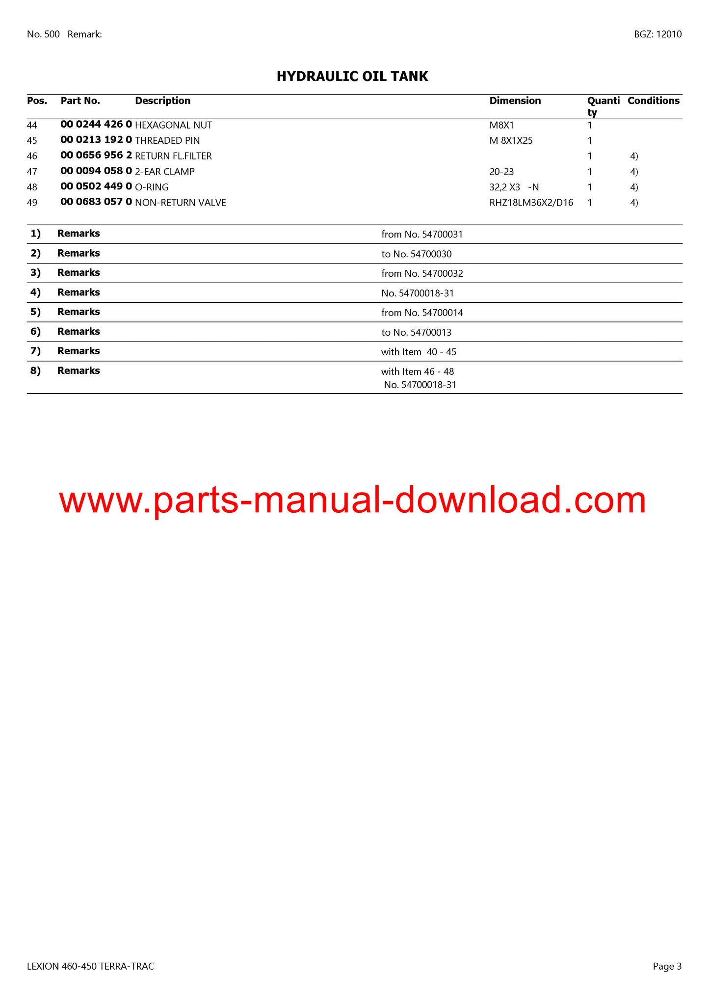 Claas 460 - 450 Lexion Combine Terra-trac Parts Catalog Manual Instant Download