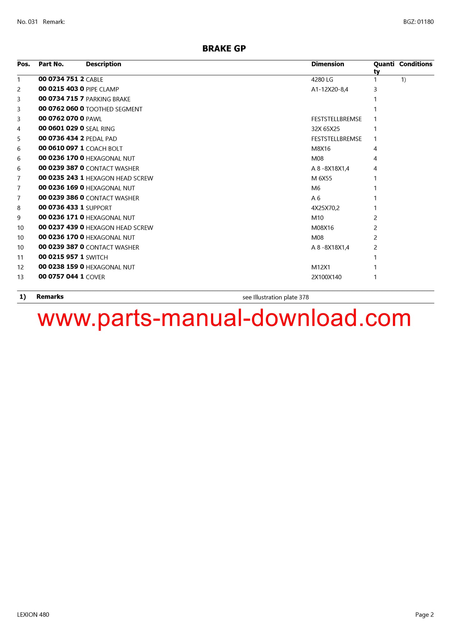 Claas 480 Lexion Combine Parts Catalog Manual Instant Download