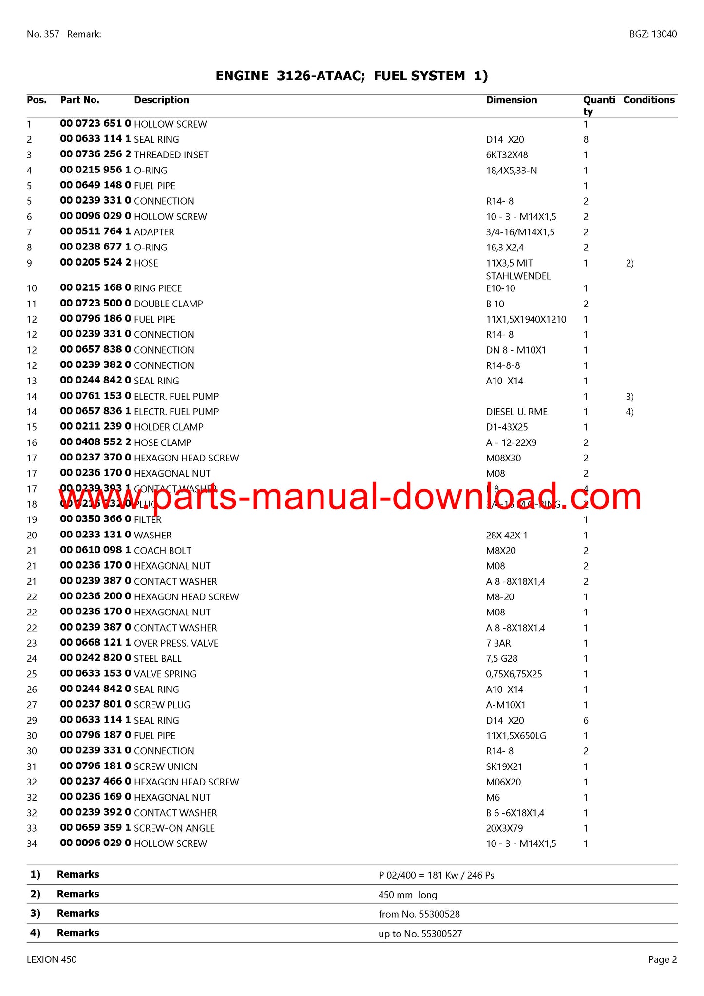 Claas 450 Combine Lexion (North America) Parts Catalog Manual Instant Download