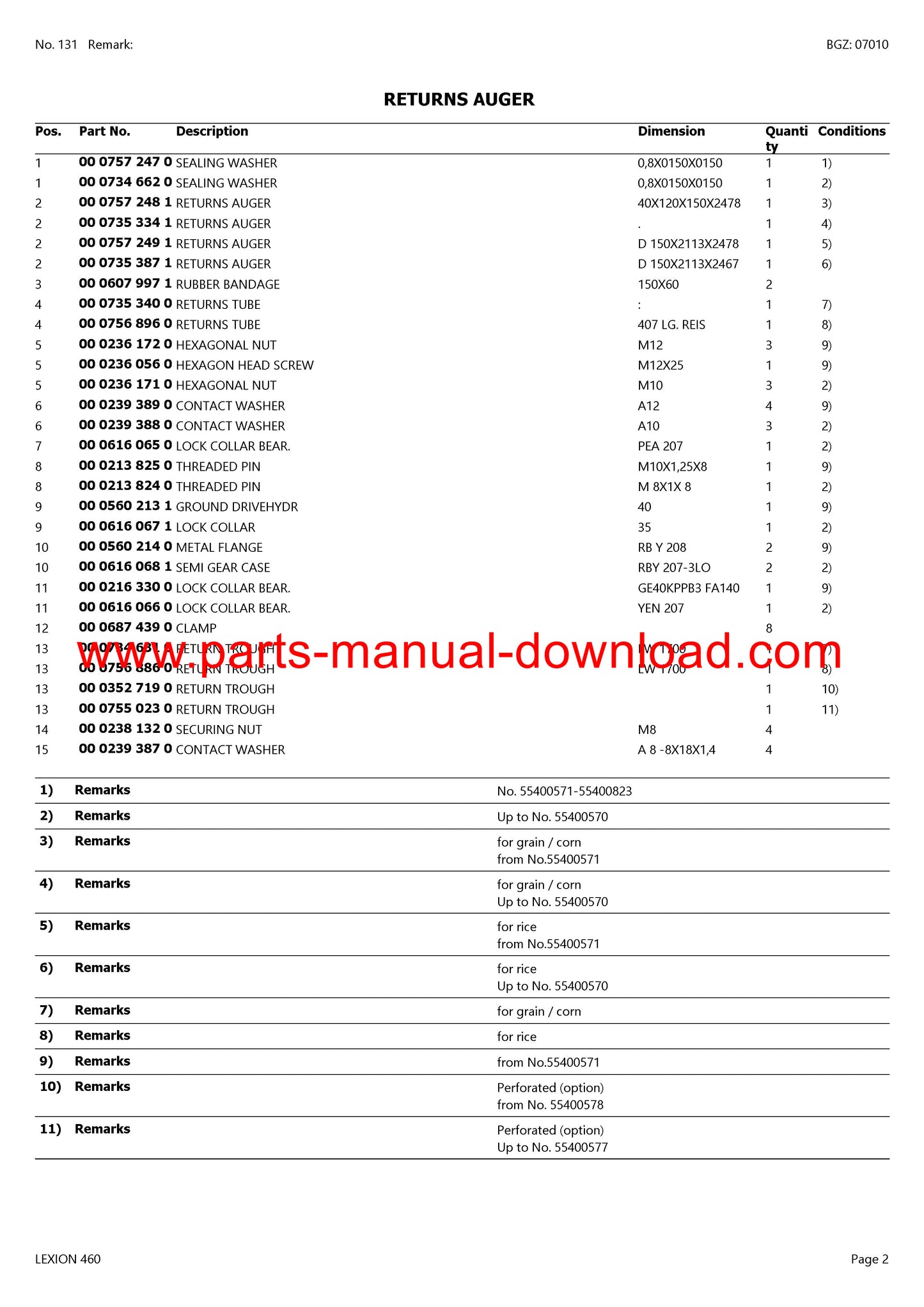 Claas 460 Combine Lexion (North America) Parts Catalog Manual Instant Download