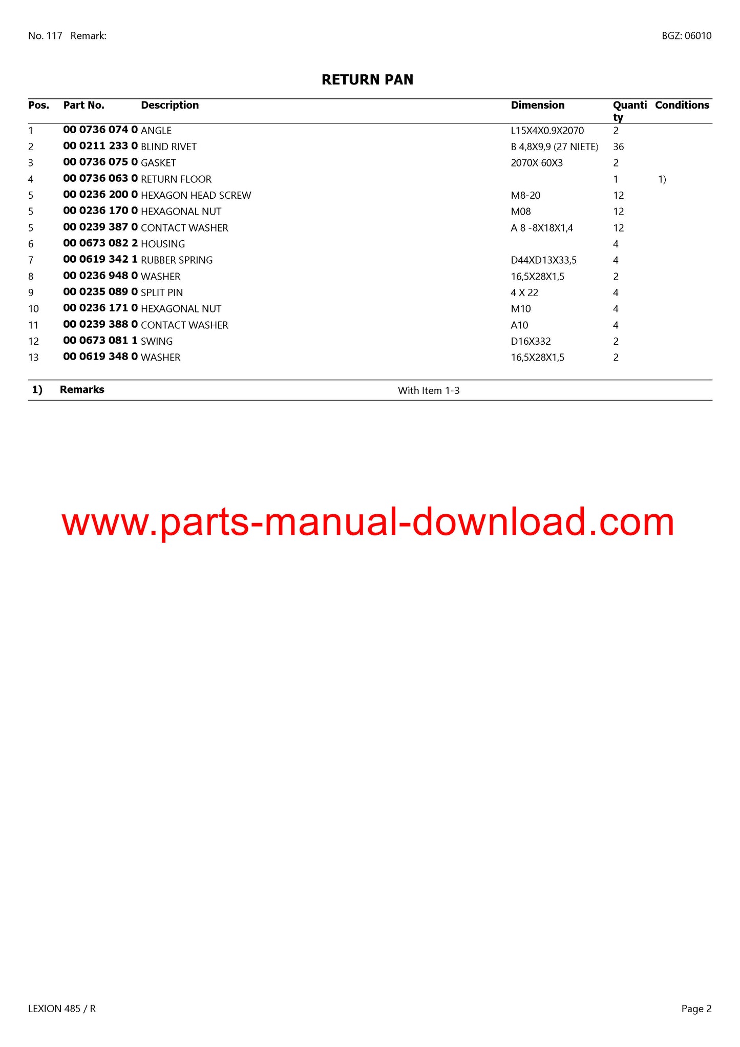 Claas 485 R Combine Lexion (North America) Parts Catalog Manual Instant Download