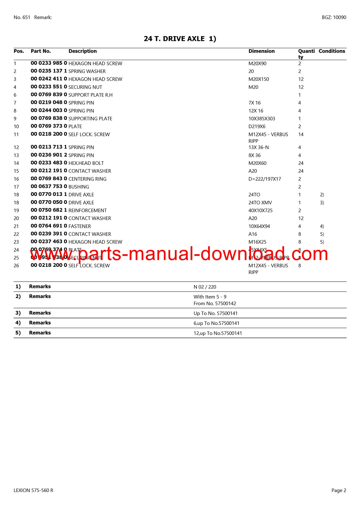 Claas 575 - 560R Combine Lexion (North America) Parts Catalog Manual Instant Download