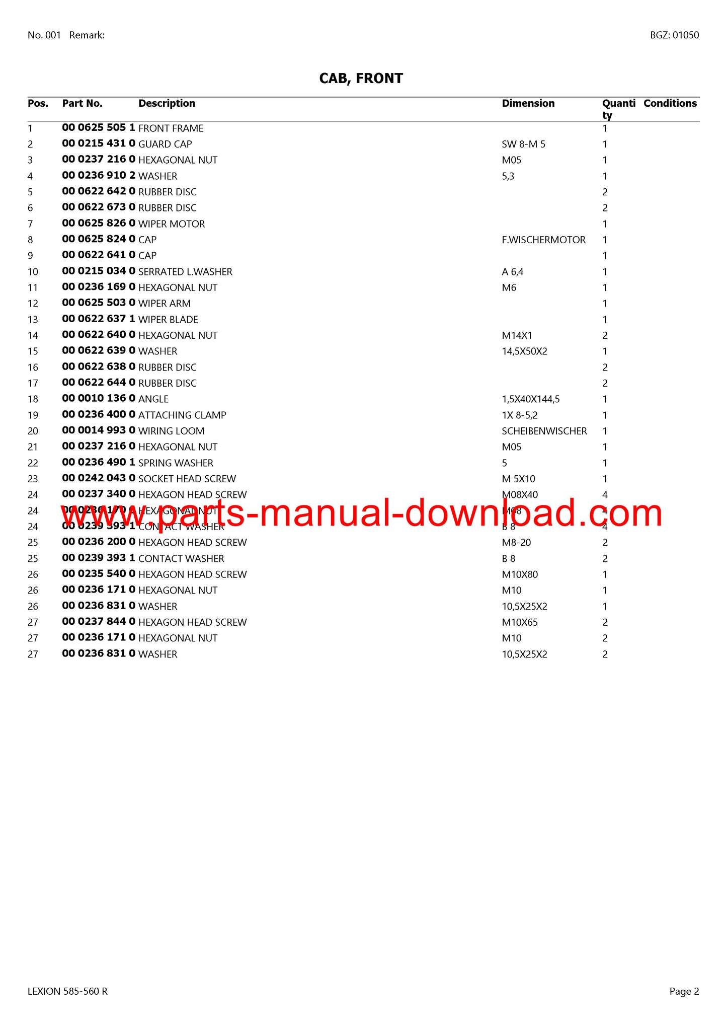 Claas 585 - 560R Combine Lexion (North America) Parts Catalog Manual Instant Download