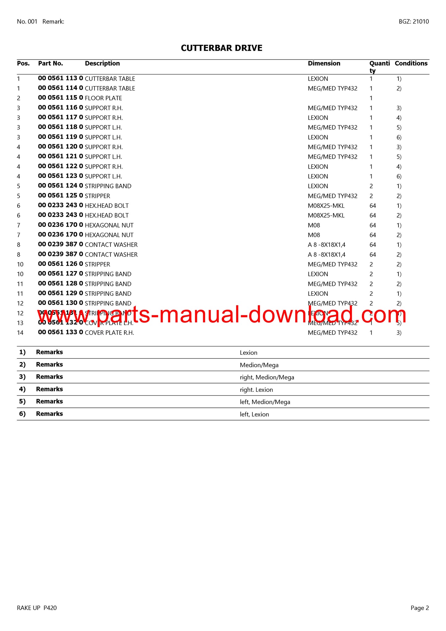 claas p420 combine rake up parts catalog manual instant download