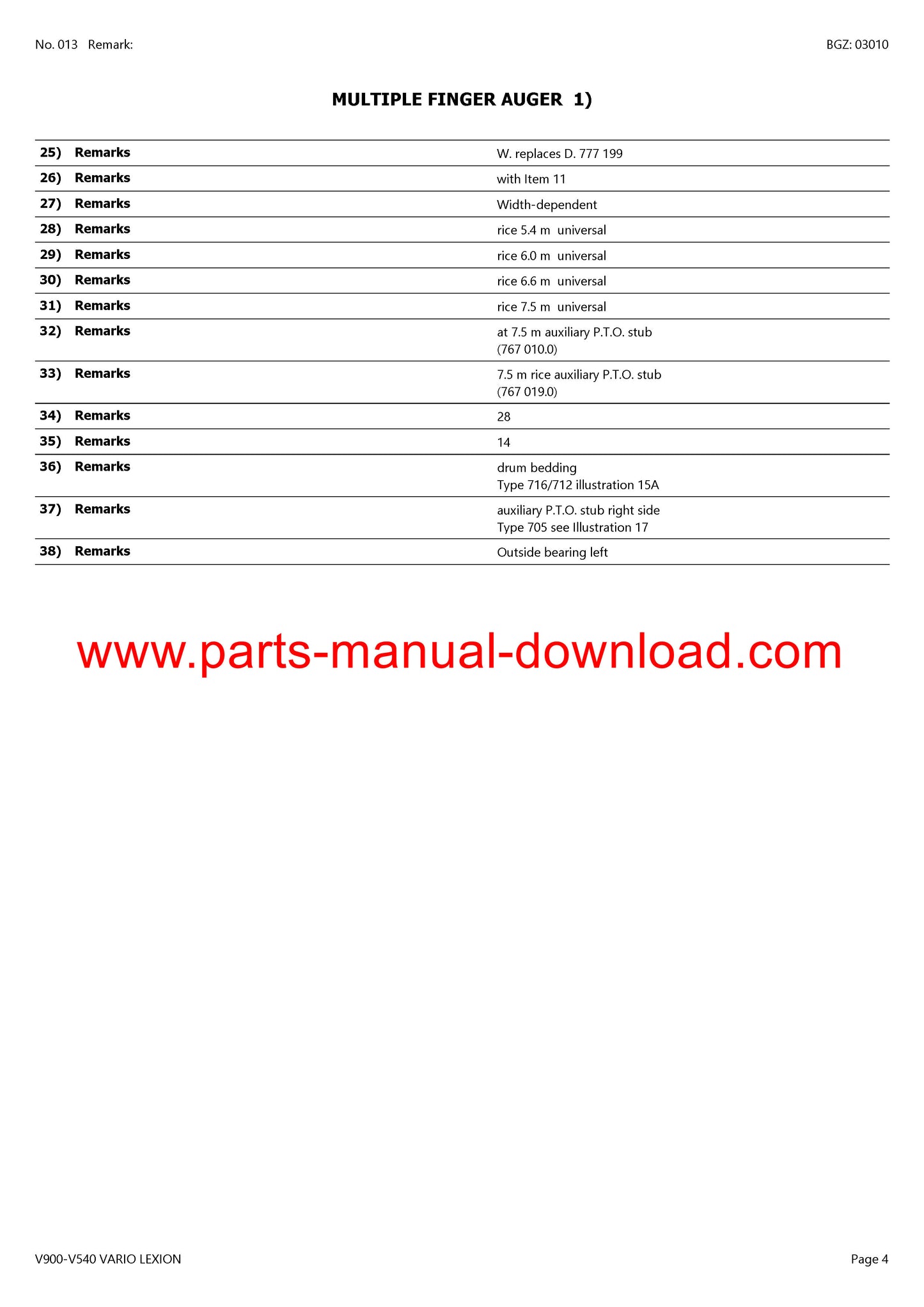 Claas V900-V540 Cutterbar Vario Lexion Parts Catalog Manual Instant Download