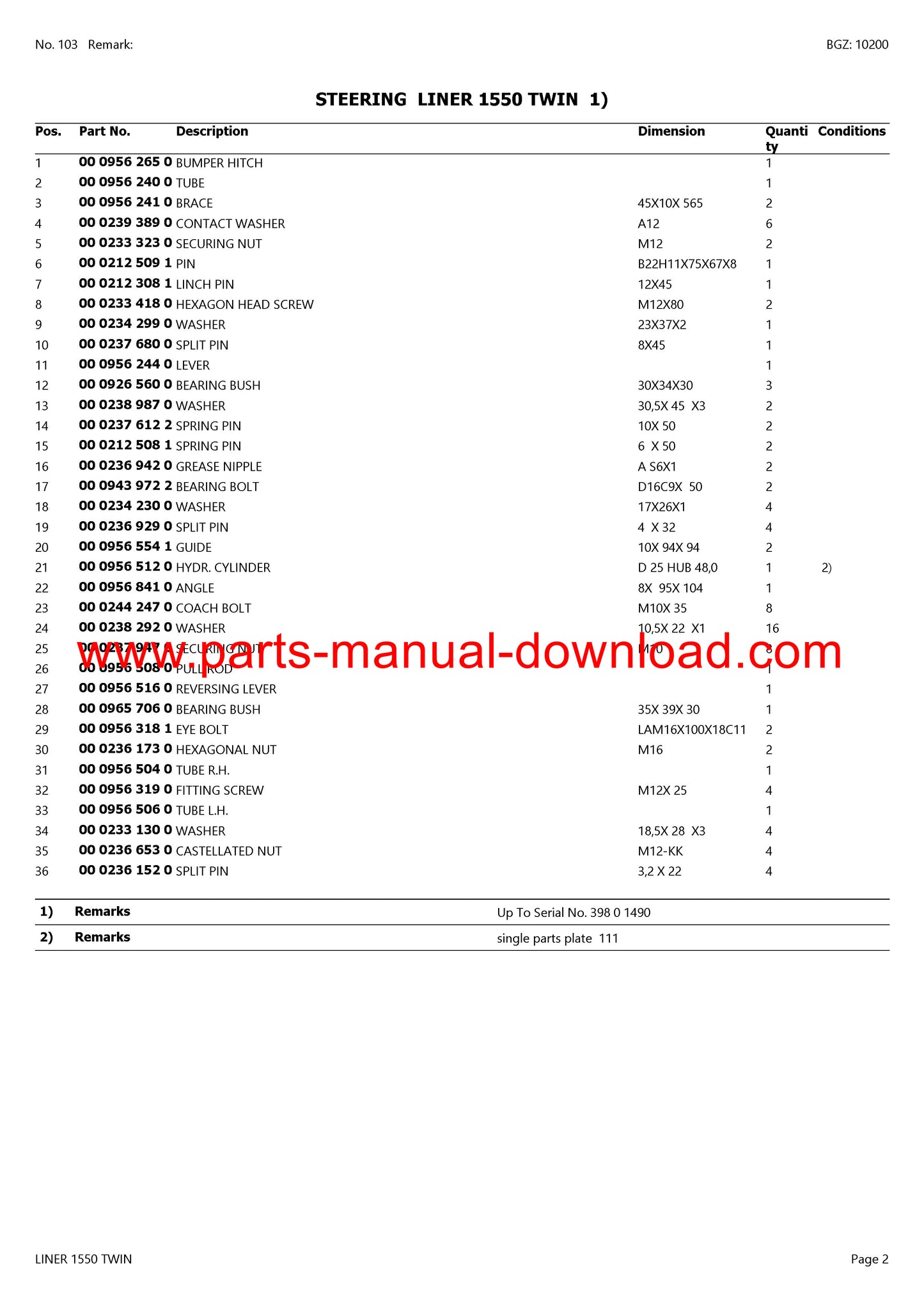 Claas 1550 Liner Twin Swather Parts Manual Instant Download