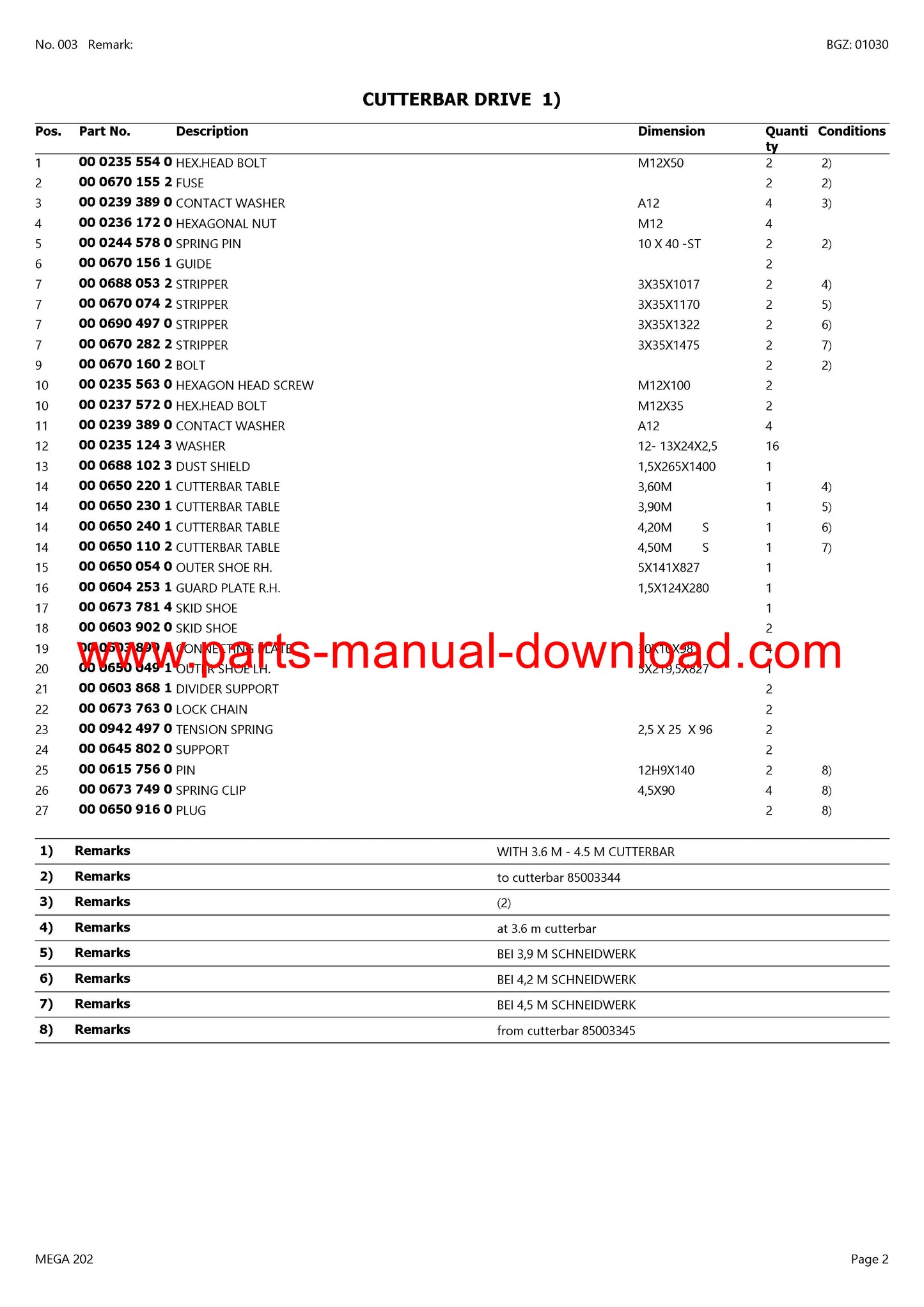 Claas 202 Combine Mega Parts Catalog Manual Instant Download