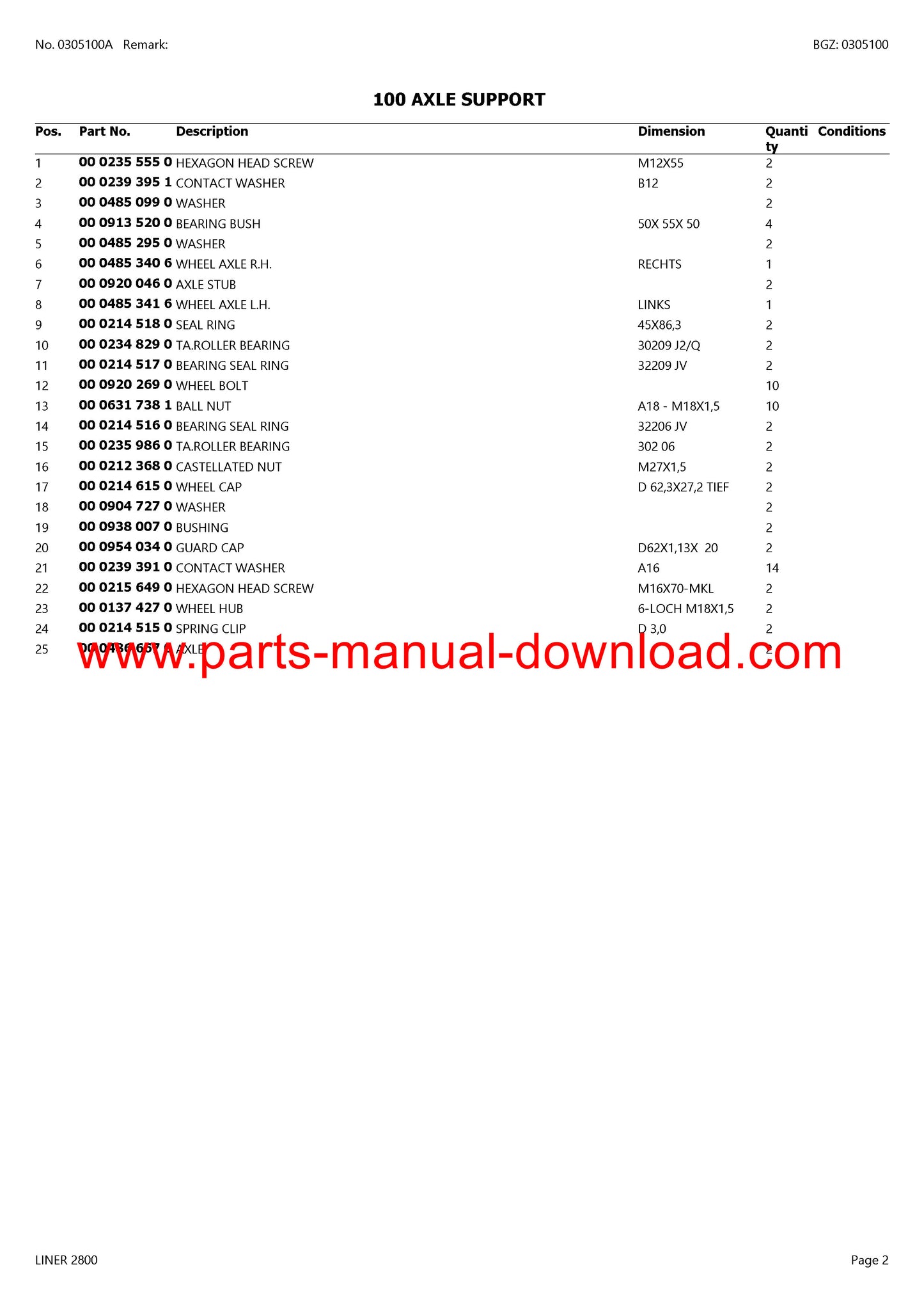 Claas 2800 Liner Swather Parts Manual Instant Download