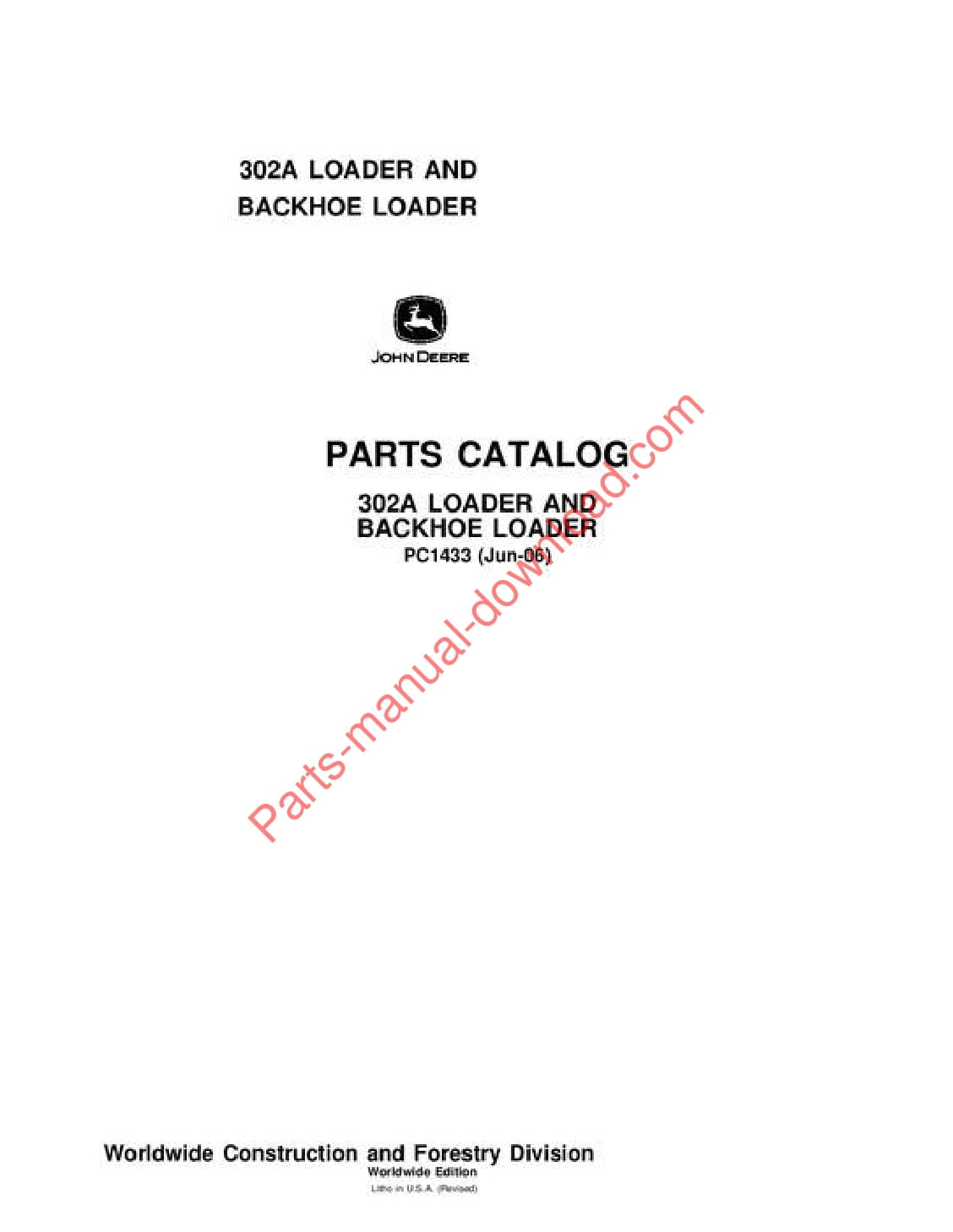John Deere 302A Loader Parts Manual PC1433