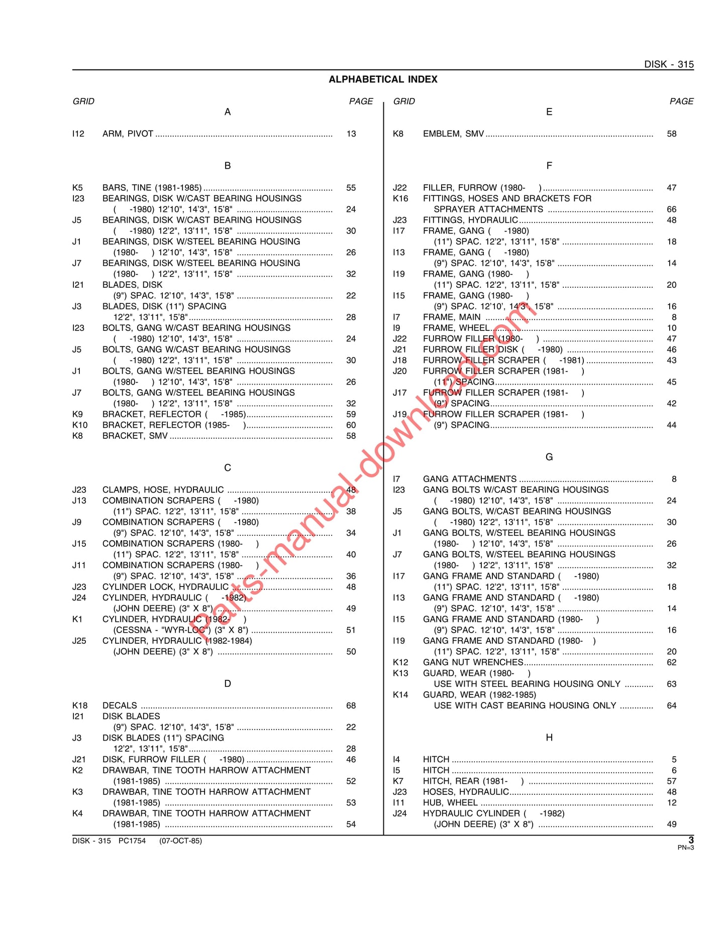 John Deere 315 Disk Parts Manual PC1754