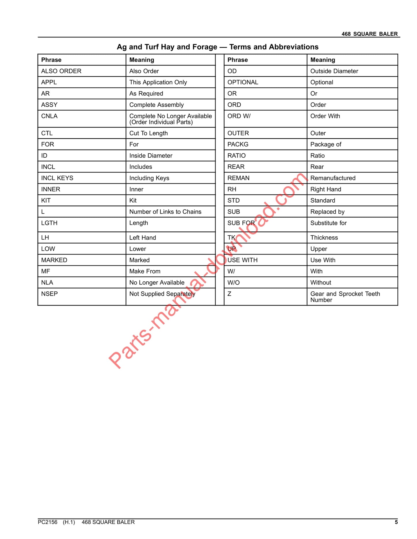 John Deere 468 BALER Parts Manual PC2156