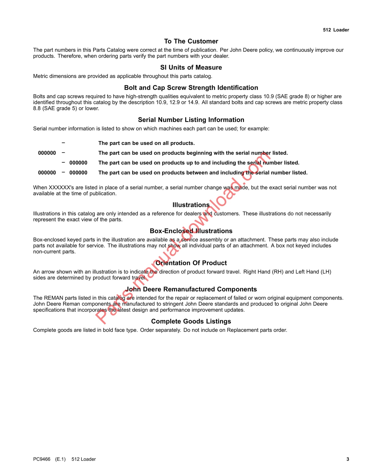 John Deere 512 Loader Parts Manual PC9466