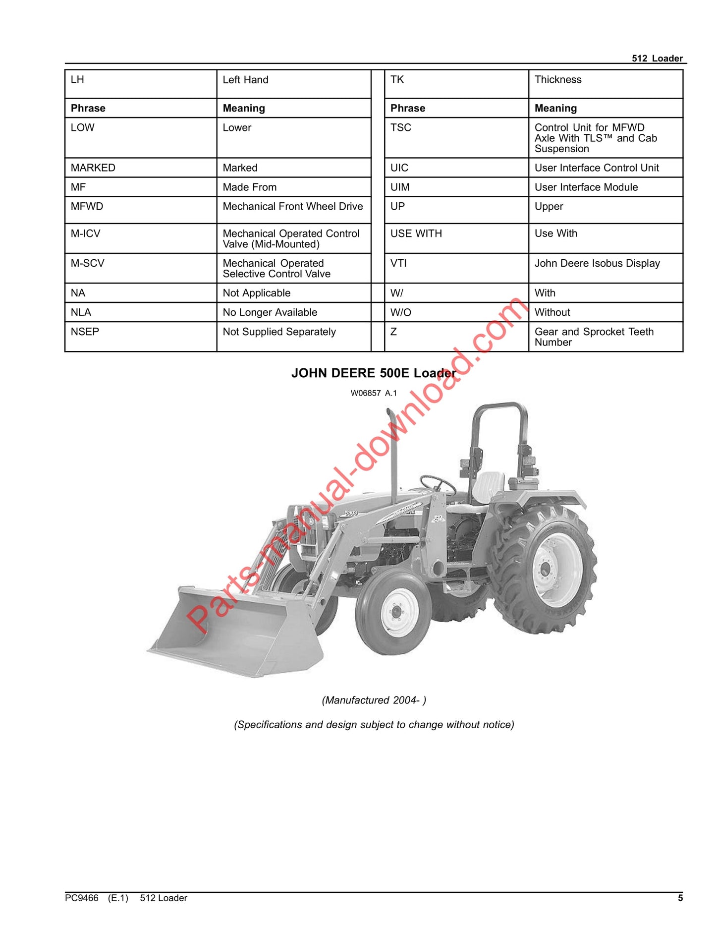 John Deere 512 Loader Parts Manual PC9466