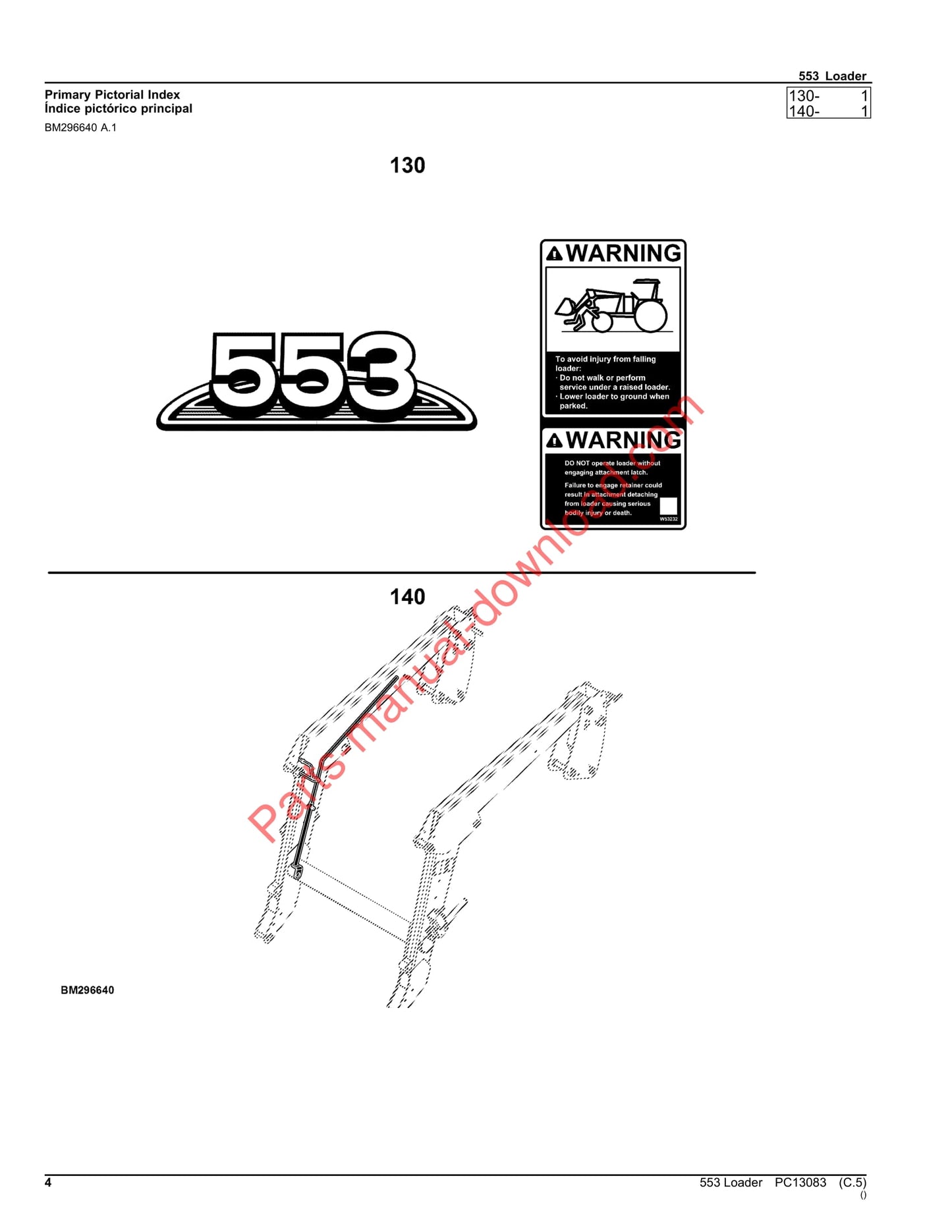 John Deere 553 Loader Parts Manual PC13083