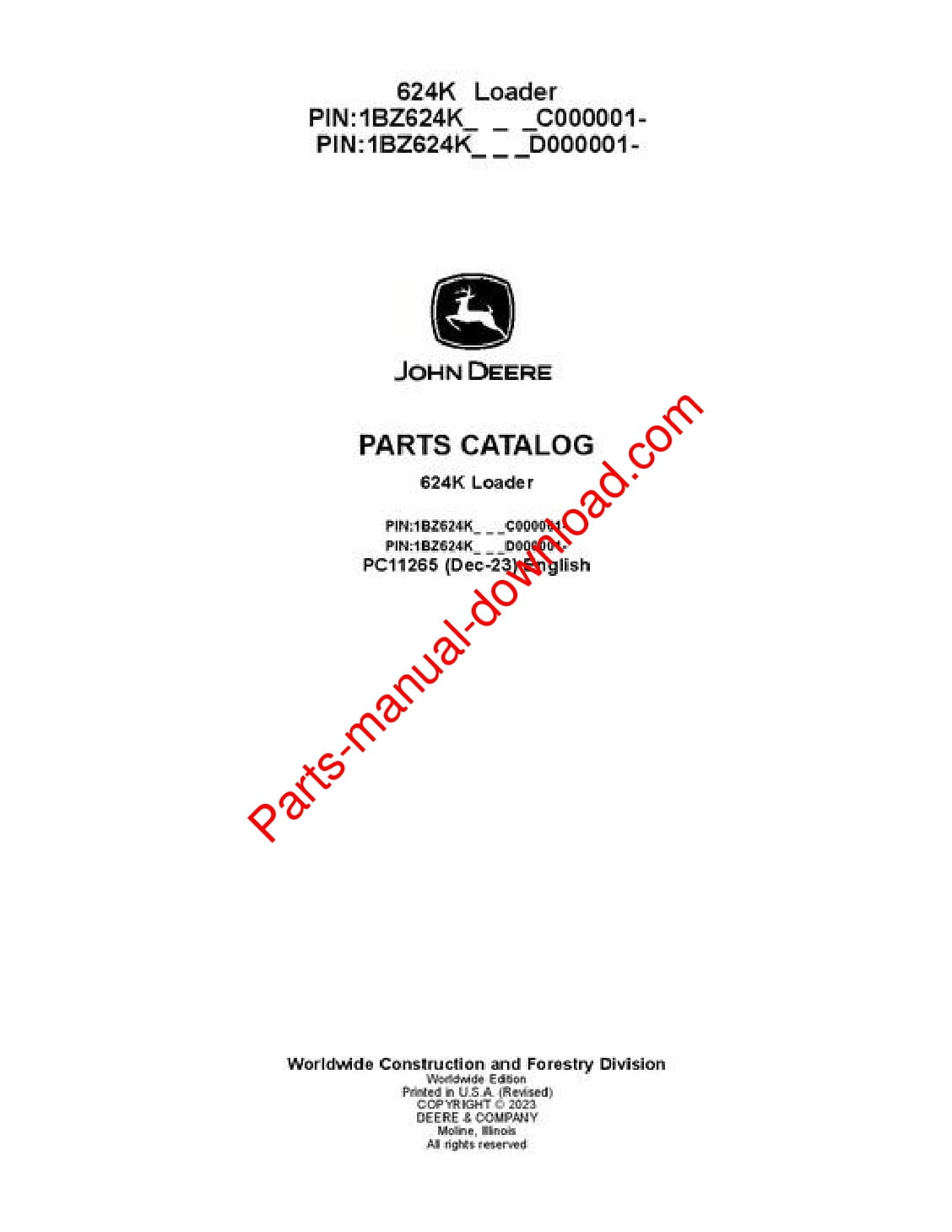 John Deere 624K Loader Parts Manual PC11265