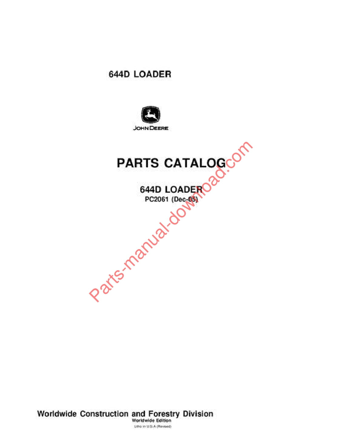 John Deere 644D Loader Parts Manual PC2061