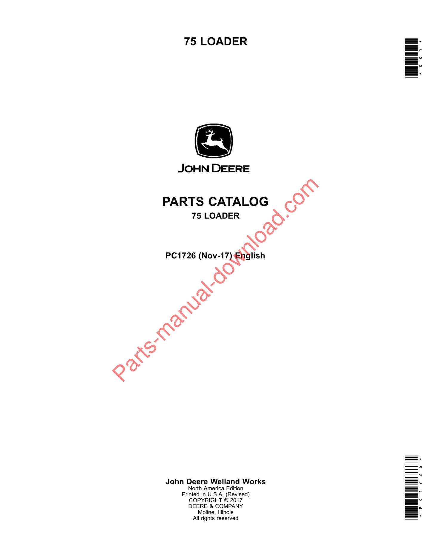 John Deere 75 LOADER Parts Catalog Manual PC1726