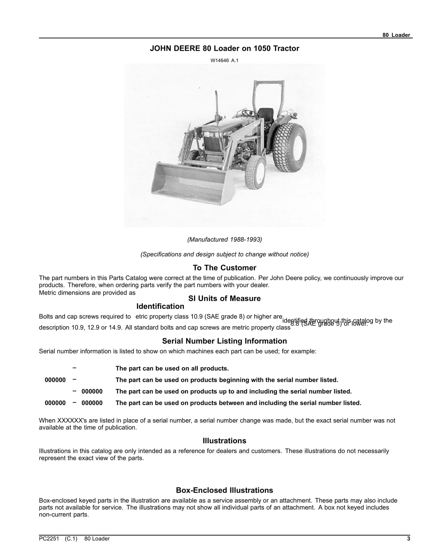 John Deere 80 Loader Parts Manual PC2251