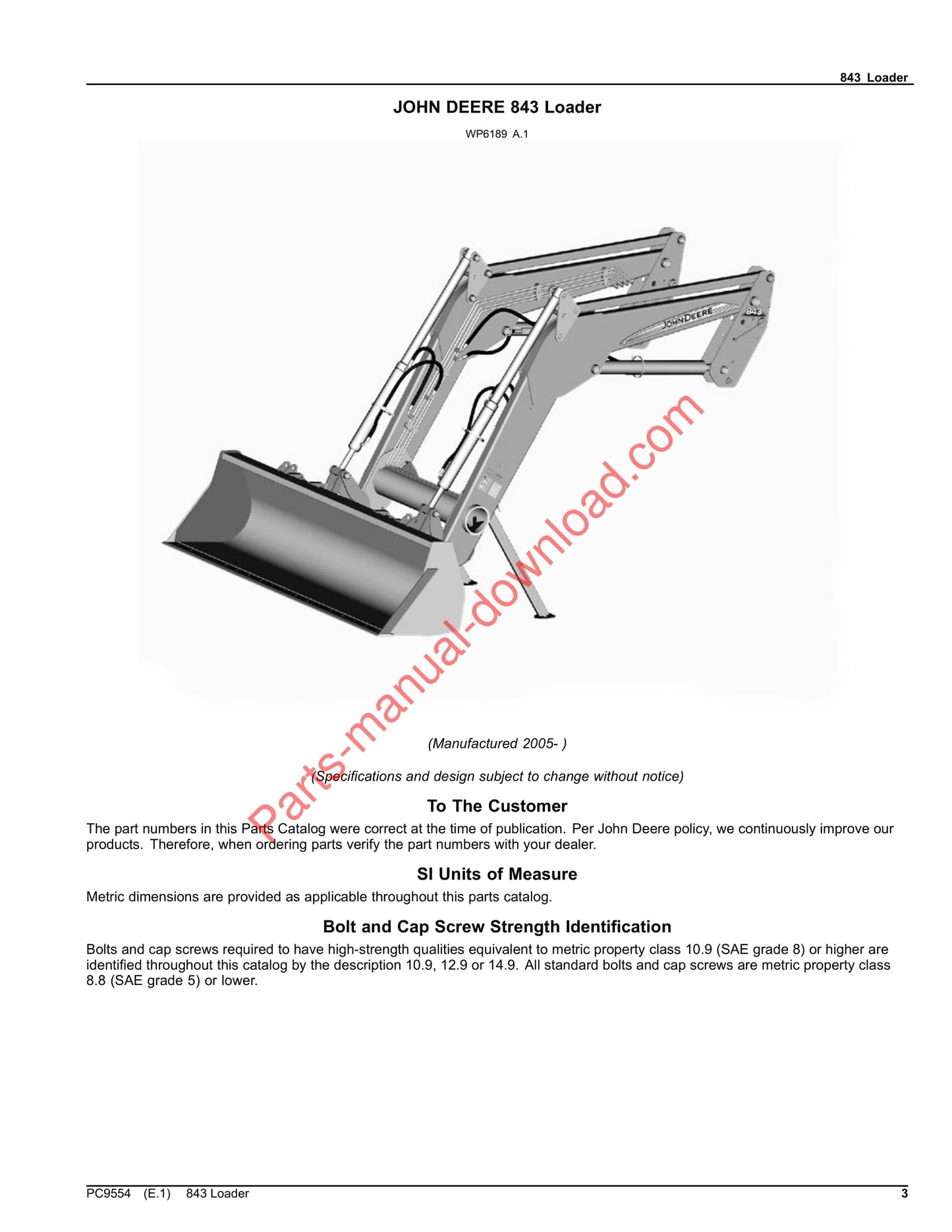 John Deere 843 Loader Parts Manual PC9554