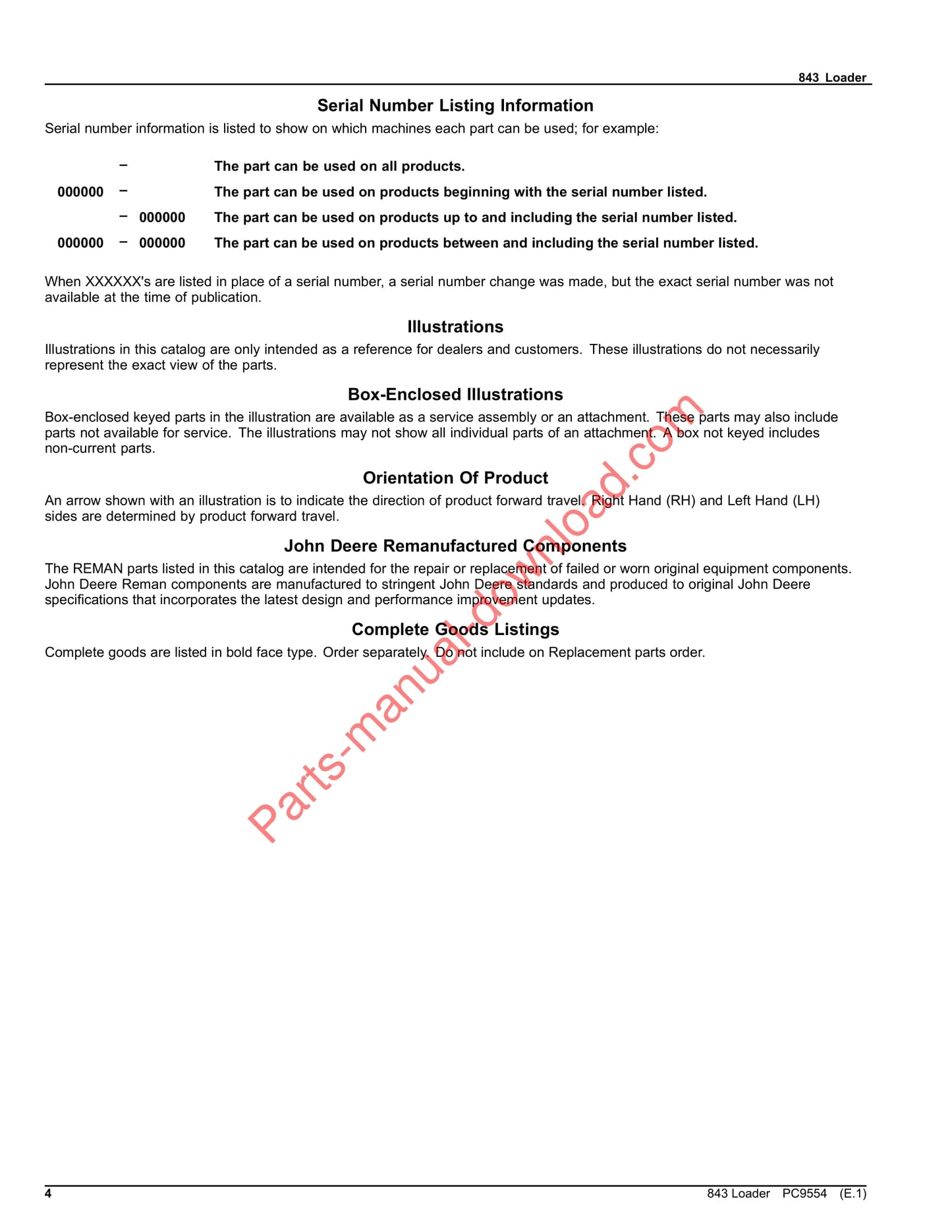 John Deere 843 Loader Parts Manual PC9554