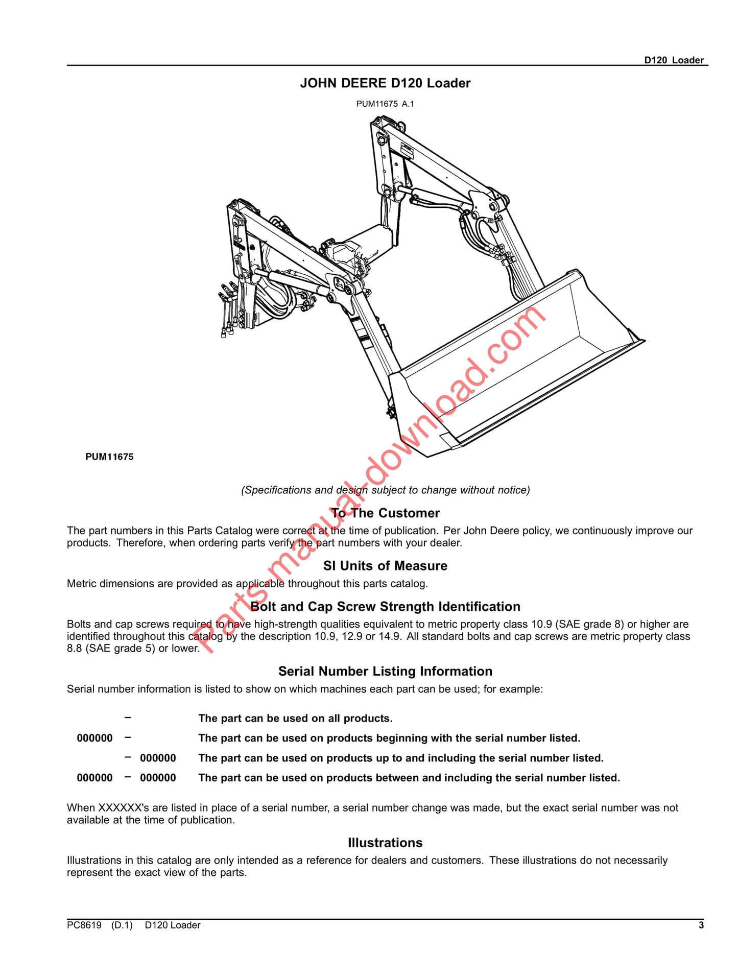 John Deere D120 Loader Parts Manual PC8619