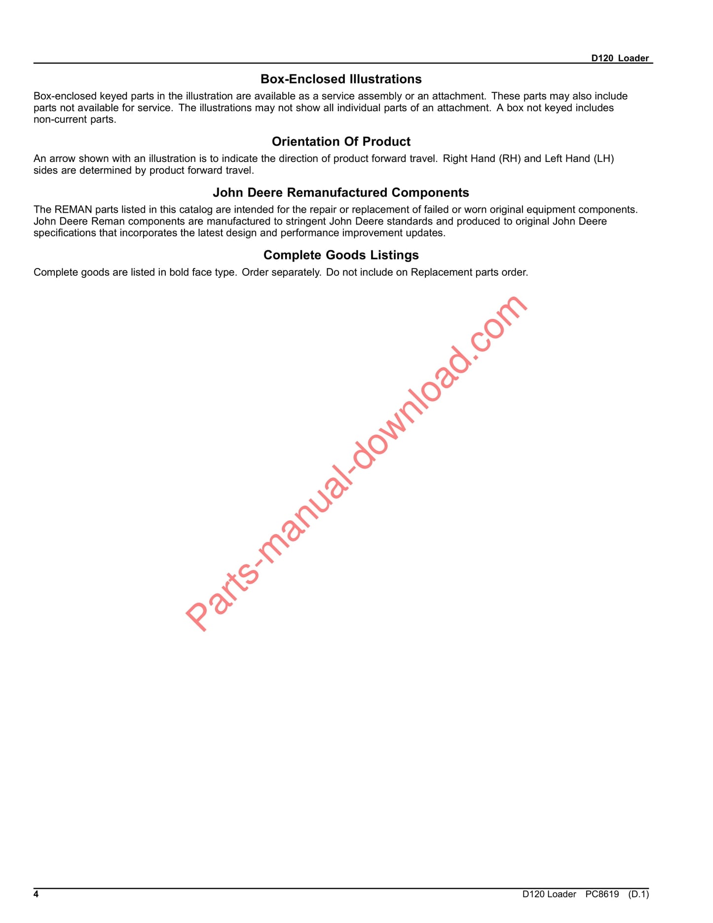 John Deere D120 Loader Parts Manual PC8619