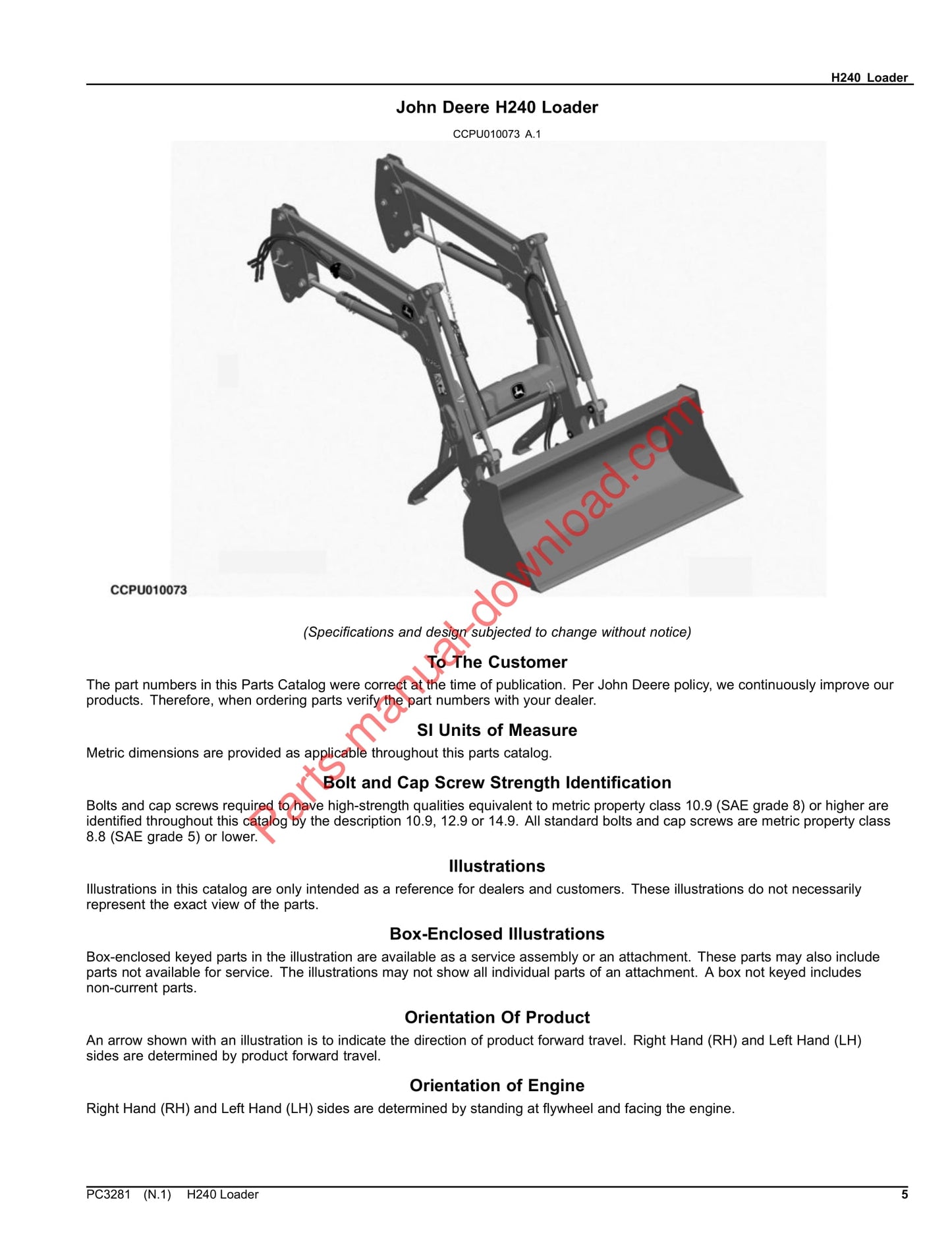 John Deere H240 Loader Parts Manual PC3281