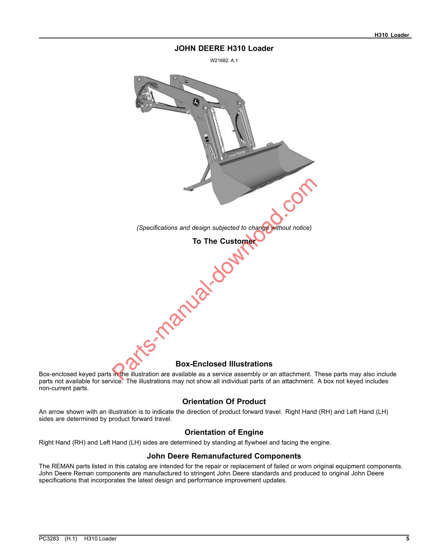 John Deere H310 Loader Parts Manual PC3283