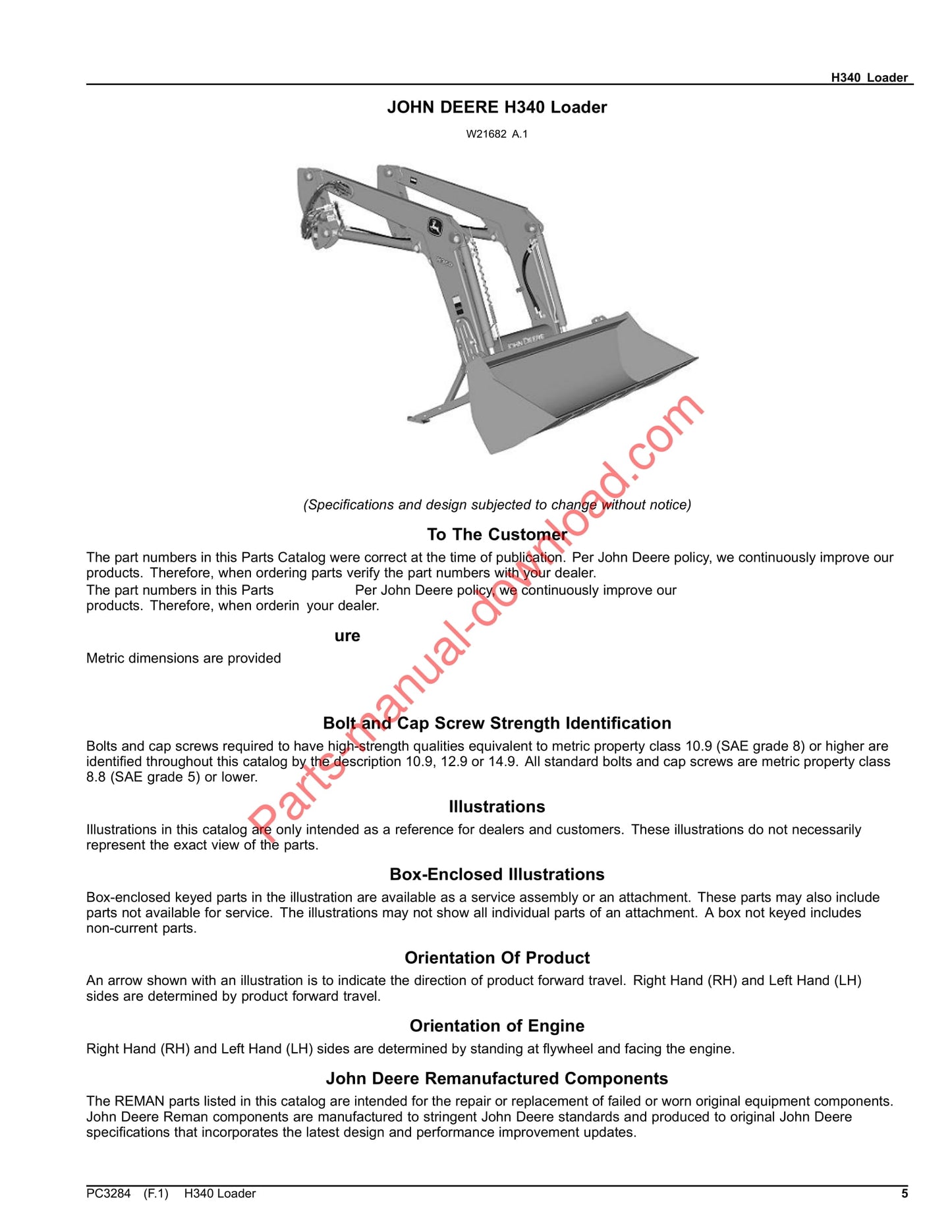 John Deere H340 Loader Parts Manual PC3284