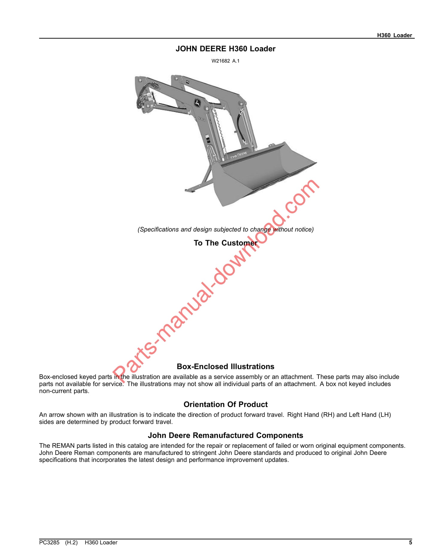 John Deere H360 Loader Parts Manual PC3285