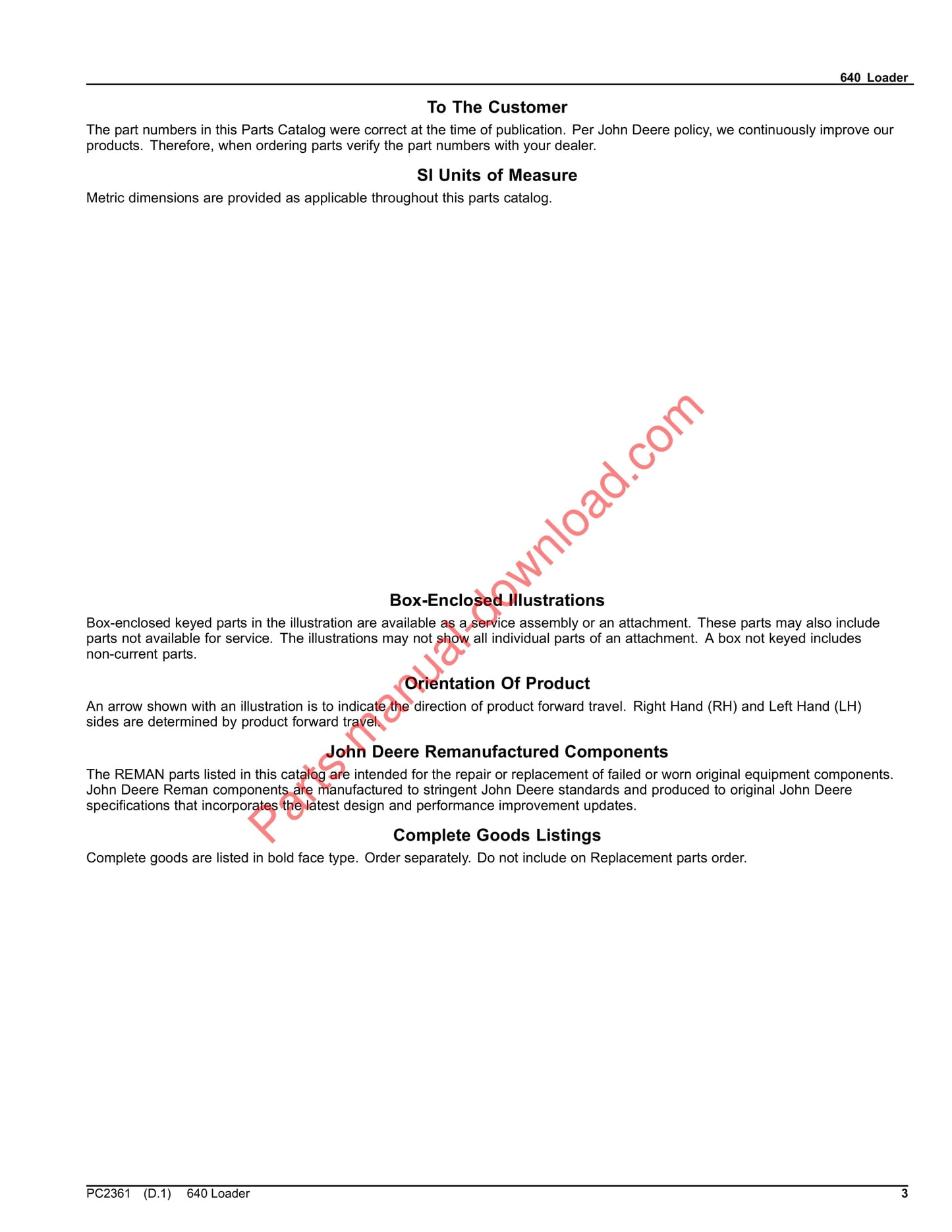 John Deere 640 Loader Parts Manual PC2361