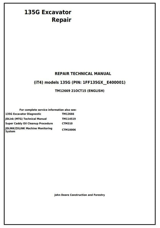 PDF John Deere 135G iT4 Excavator Service Repair Technical Manual TM12669
