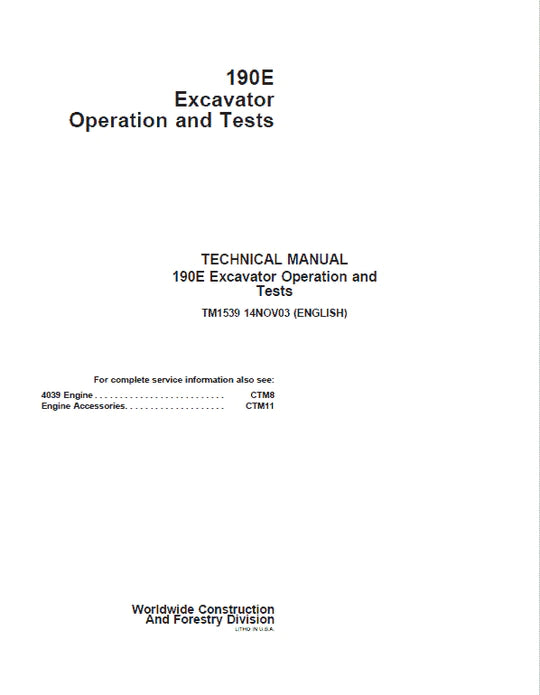 PDF John Deere 190E Excavator Diagnostic, Operation and Test Service Manual TM1539