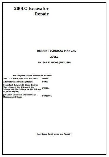 PDF John Deere 200LC Excavator Service Manual TM1664