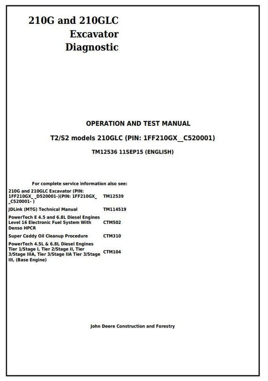 PDF John Deere 210G 210GLC (T2/S2) Excavator Diagnostic, Operation and Test Service Manual TM12536