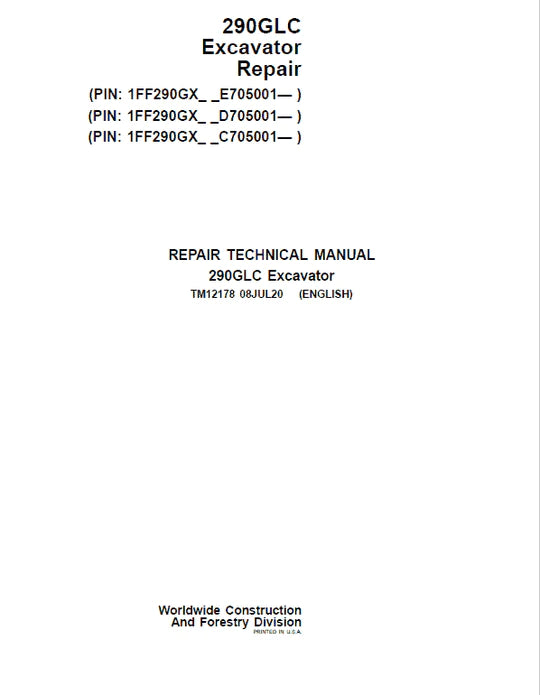 PDF John Deere 290GLC Excavator Technical Service Manual TM12178
