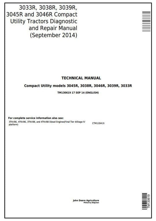 PDF John Deere 3033R 3038R 3039R 3045R 3046R Compact Utility Tractor Repair Service Manual TM130619