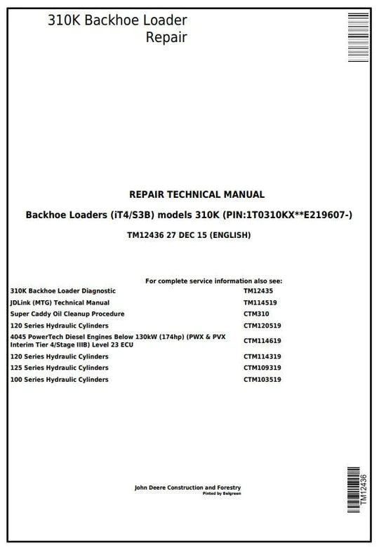 PDF John Deere 310K (iT4/S3B) Backhoe Loader (SN: E219607-) Service Manual TM12436