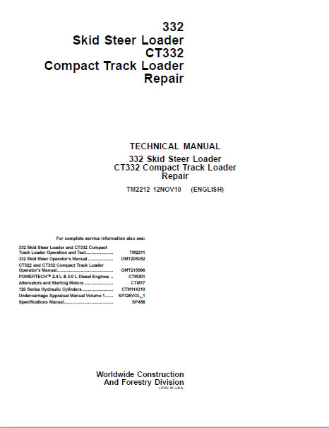 PDF John Deere 332 Skid Steer Loader, CT332 Compact Track Loader Service Manual TM2212