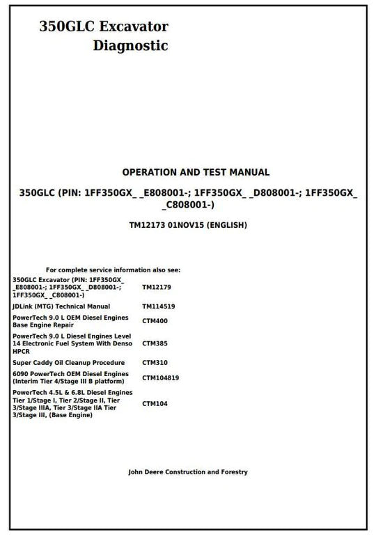 PDF John Deere 350GLC Excavator Diagnostic, Operation and Test Service Manual TM12173