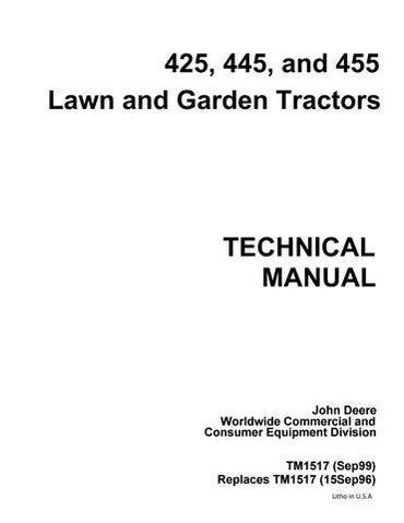 PDF John Deere 425 445 455 Lawn & Garden Tractor Service Technical Manual TM1517