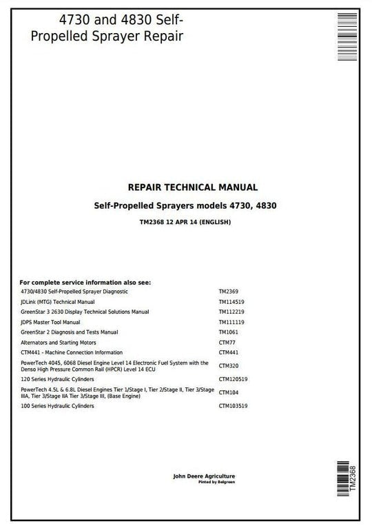 PDF John Deere 4730 4830 Self-Propelled Sprayer Repair Service Manual TM2368